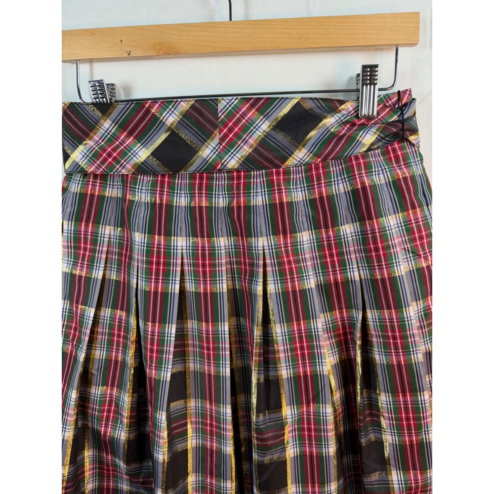 Plaid Metallic Holiday Maxi Skirt Pleated High Waist Sash Tie Festive Red sz 2 - Picture 9 of 12